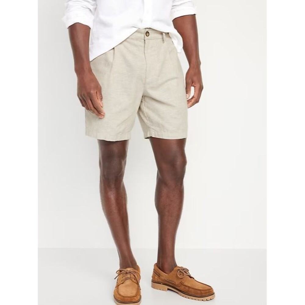 Old Navy Slim Linen-Blend Chino Shorts Mens 40 Natural Beige Pleated Beach NEW